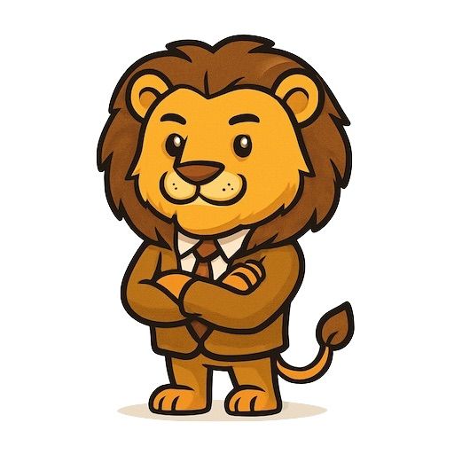 Een cartoonleeuw in een pak, met de armen over elkaar en een zelfverzekerde uitdrukking.