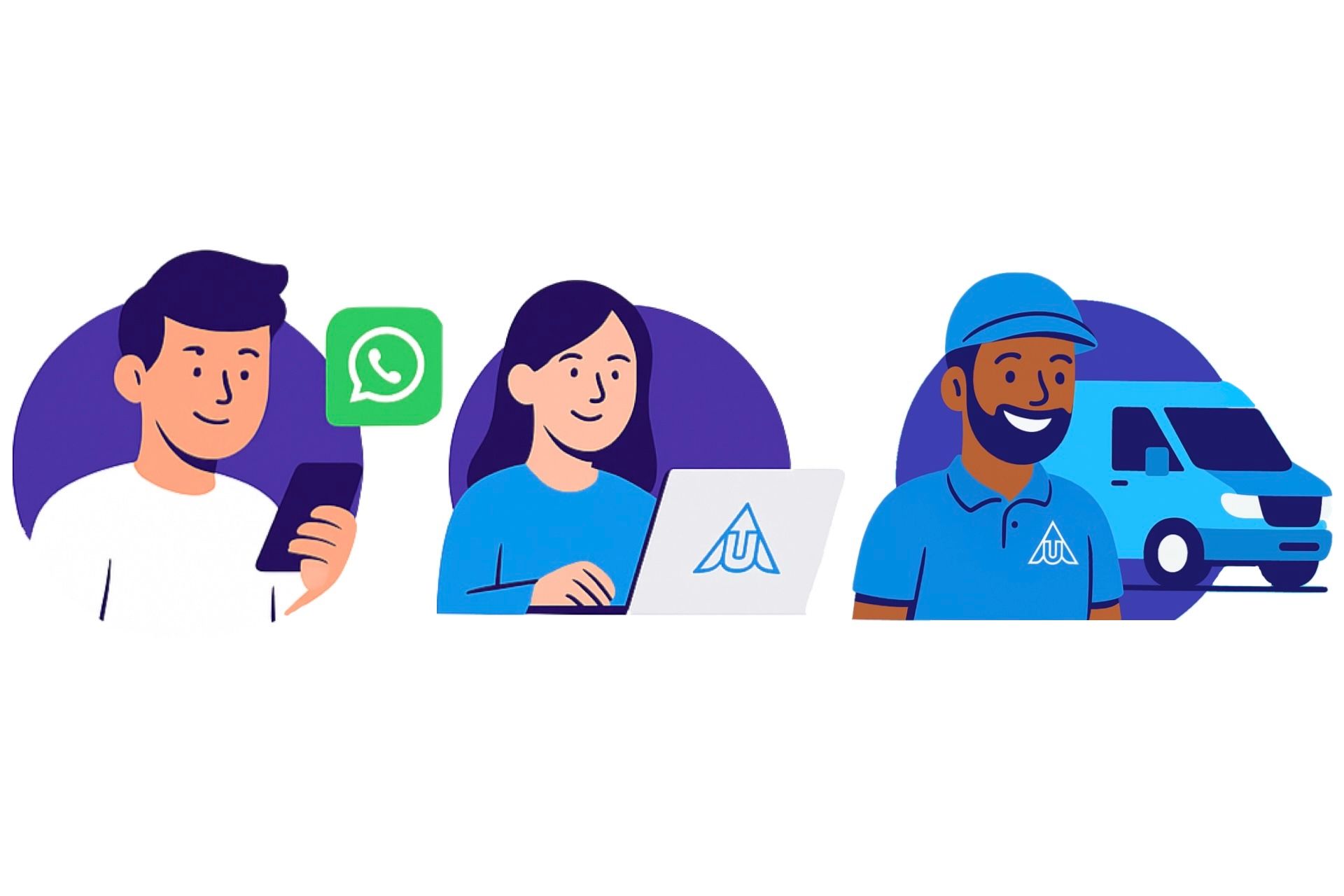 Mensen die WhatsApp gebruiken, een laptop en een bestelbusje, allemaal in blauw en wit.
