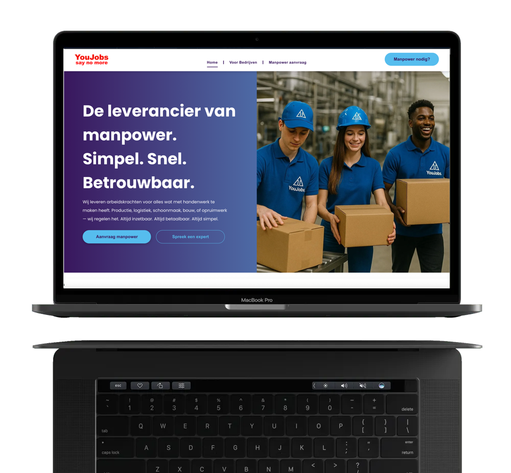 Laptop met een website en drie mensen in blauwe shirts die dozen vasthouden. Tekst: