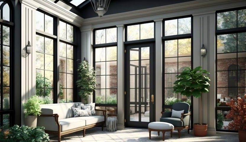 A sunroom with large black-framed windows, a light-colored sofa, a dark armchair with a footstool, and potted plants.
