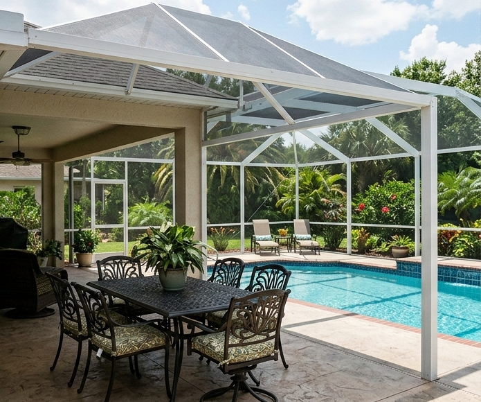 A screened-in patio with a dining set by a swimming pool, featuring lush greenery and lounge chairs in the background.