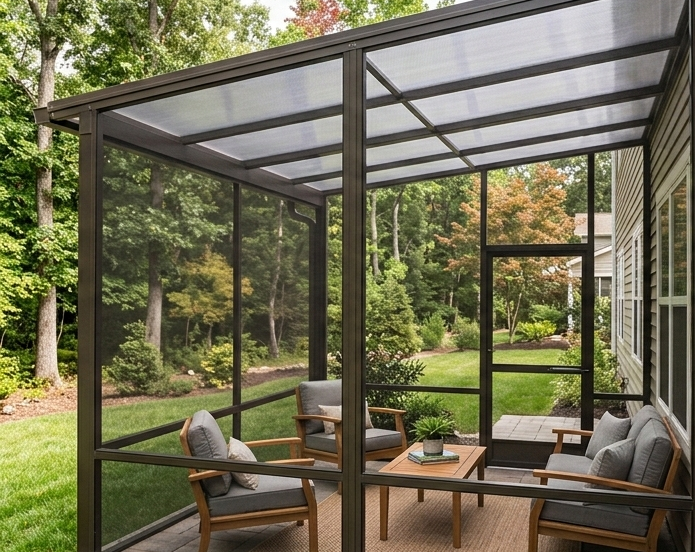 A screen-enclosed patio with a translucent roof, furnished with chairs and a small table, overlooking a backyard.