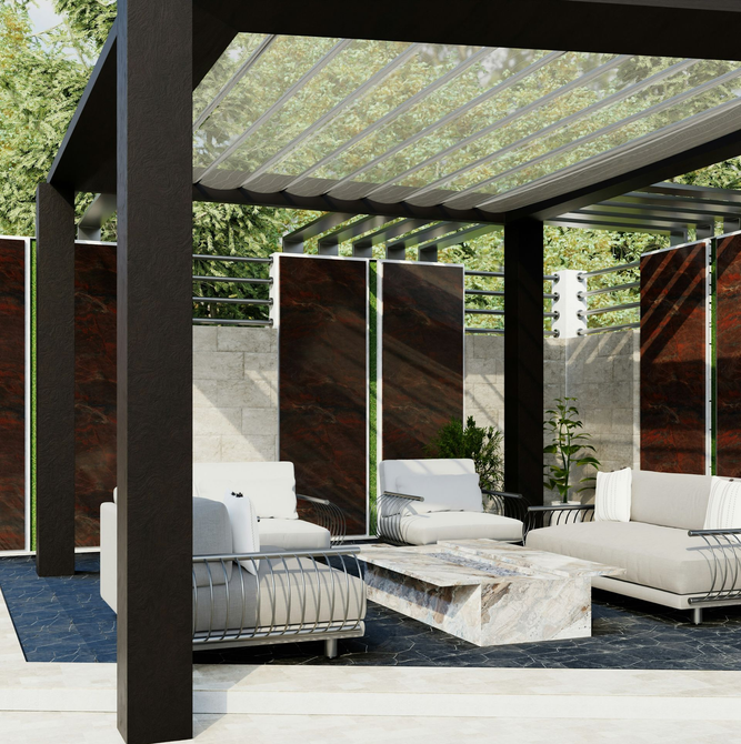 A modern outdoor patio featuring white sofas and a stone coffee table under a black pergola against dark decorative walls.