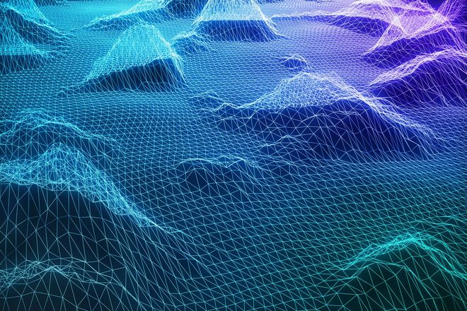 Abstract blue and purple digital wave mesh with glowing particles