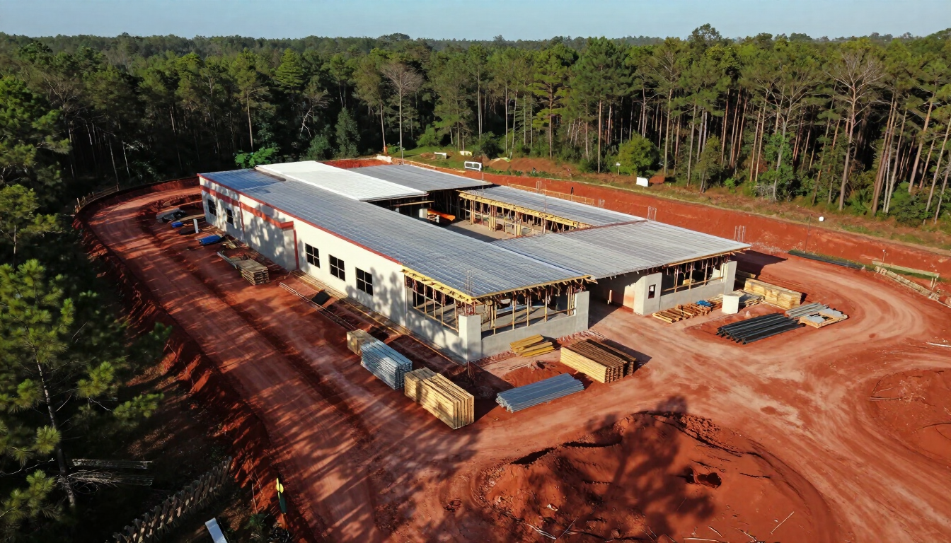 Aerial view of a large building under construction on red dirt, surrounded by dense forest.