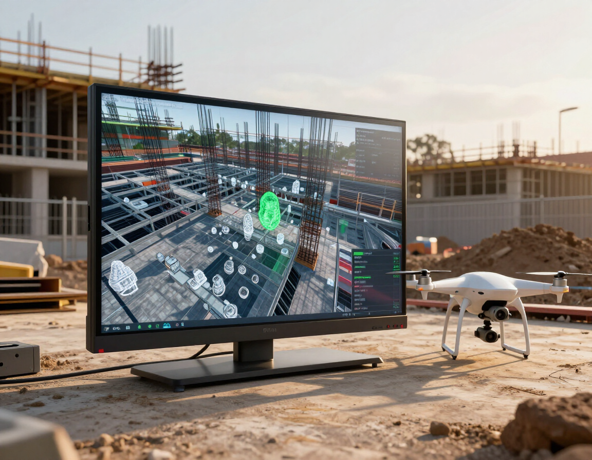 Construction site with a drone and a monitor showing a building model with green scan data