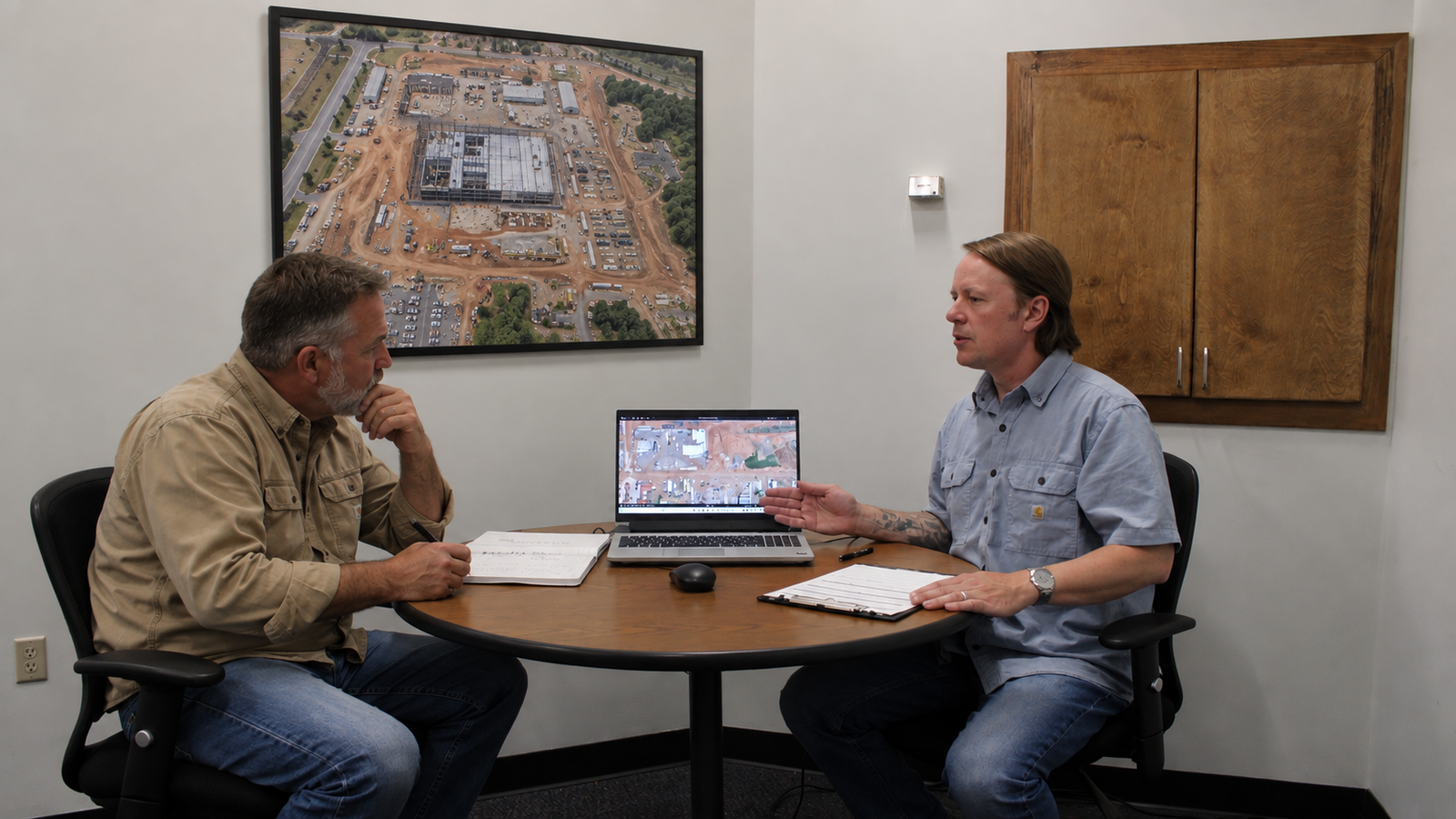 Two men seated at a table in an office, looking at a laptop during a discussion.