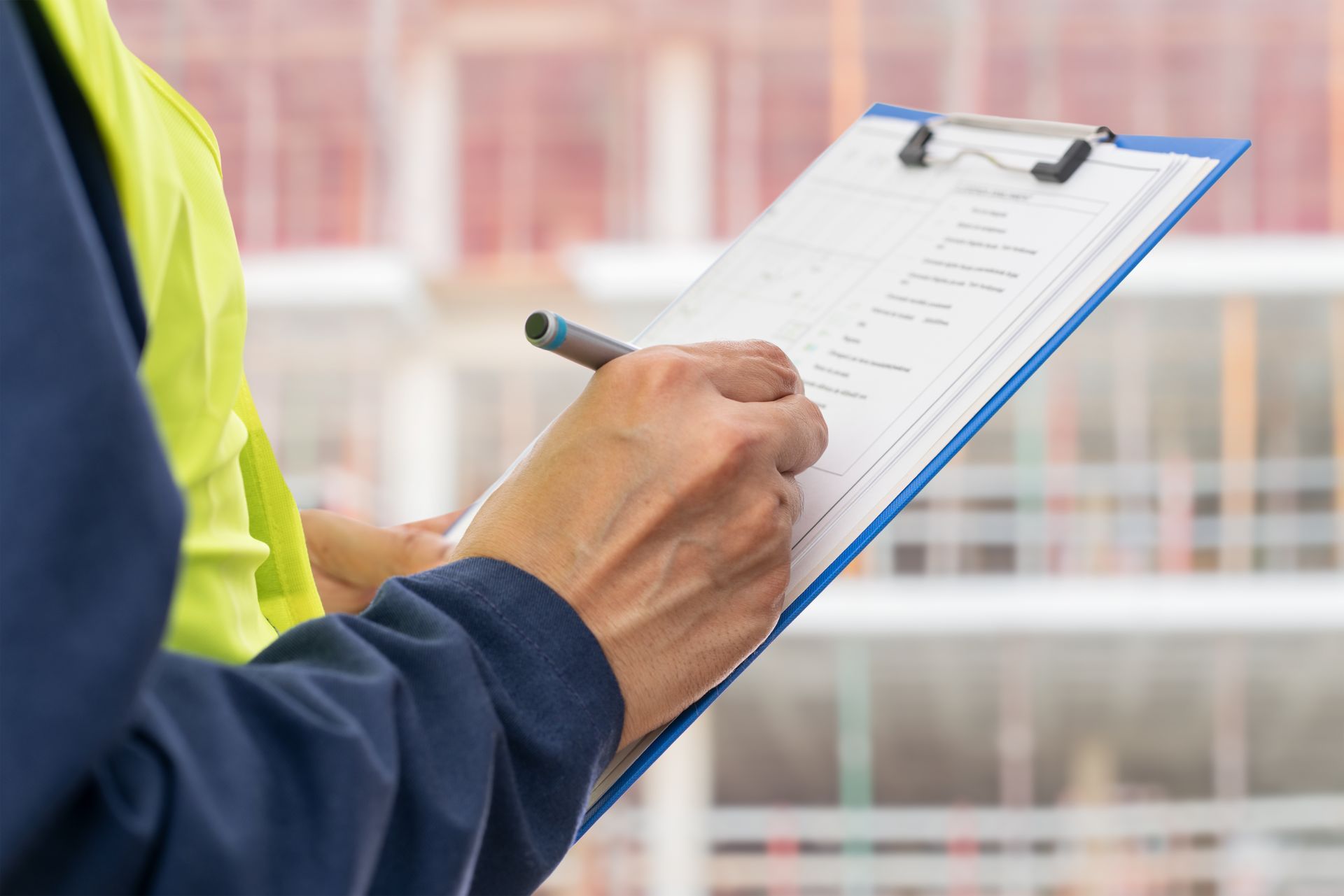 Worker in a high-visibility vest writing on a clipboard at a construction site