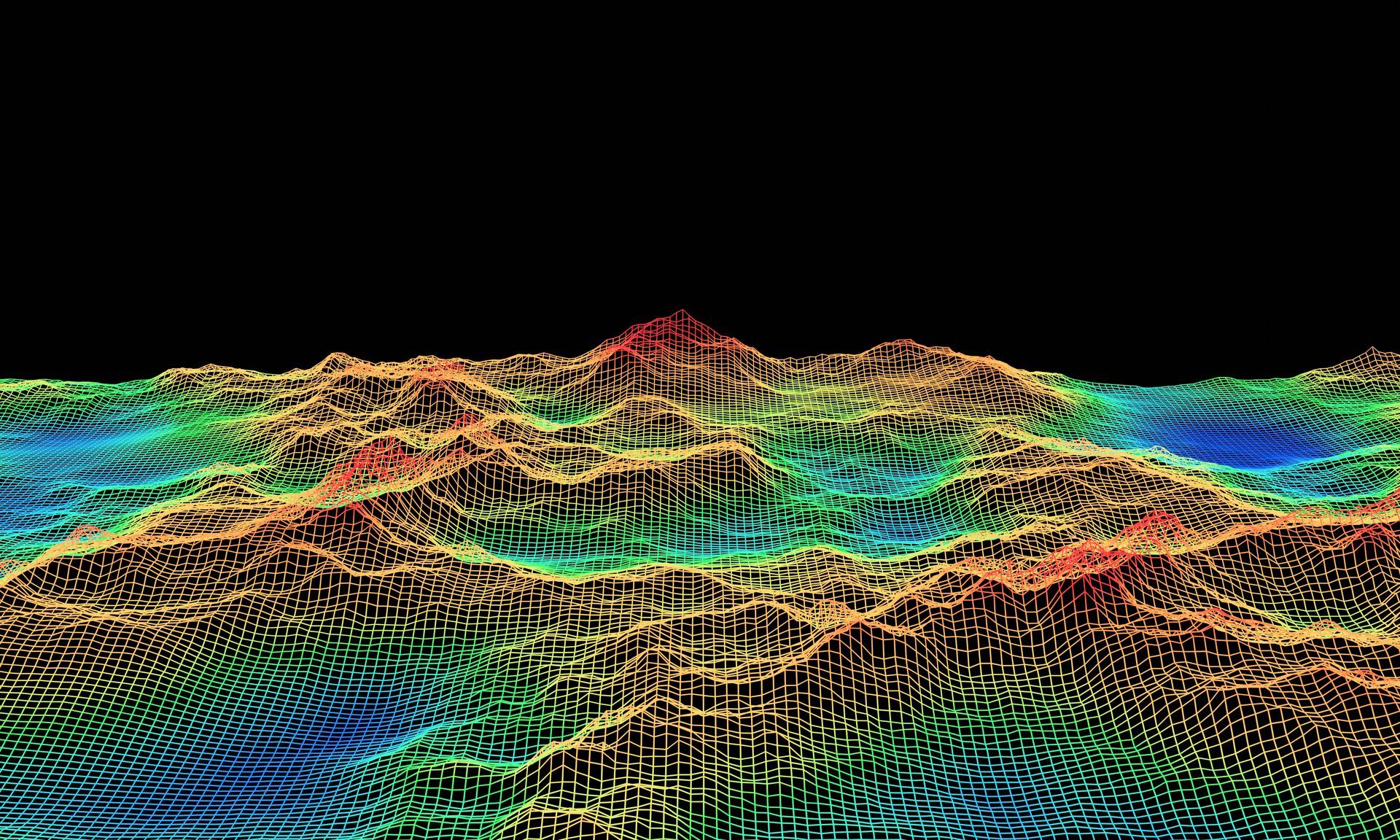 Colorful 3D wireframe landscape with glowing terrain peaks on a black background