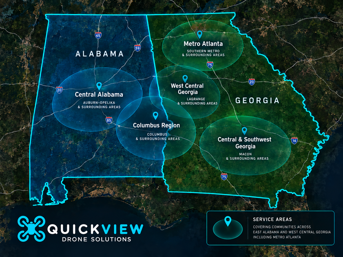 Map of Alabama and Georgia with highlighted regional boundaries and labels for local service areas.