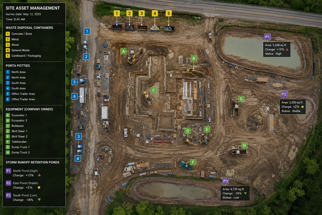 Top-down game map of a construction site with markers, menus, and labeled points on a muddy terrain.