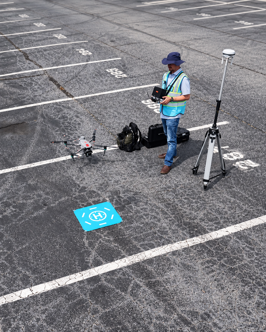Technician with drone equipment standing in a parking lot beside a tripod and antenna mast.