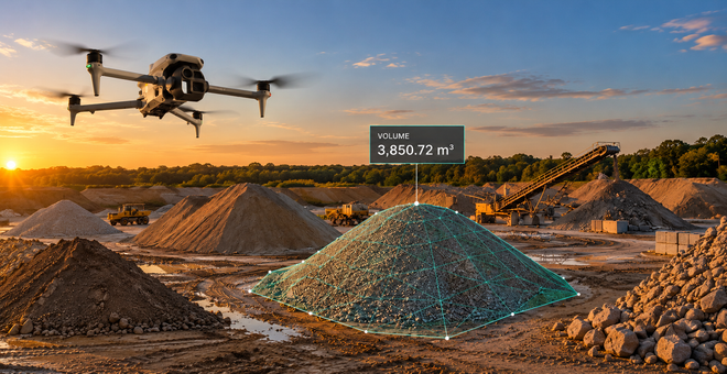 Drone flying over mining site with gravel piles and a sunset sky