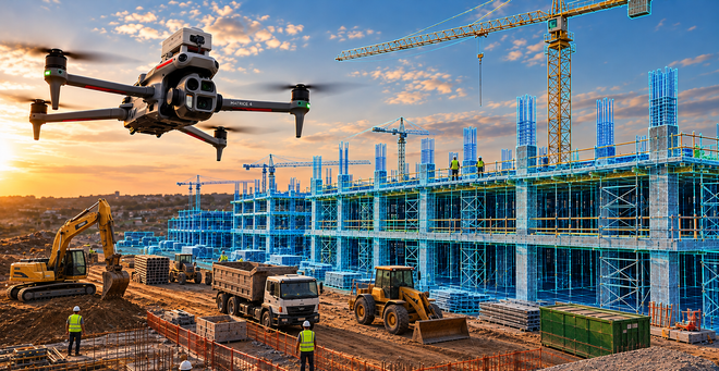 Drone surveying a large construction site with cranes, excavators, workers, and a building framework at sunset