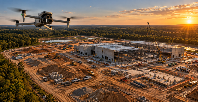 Drone over a large construction site at sunset, with an excavator and partially built structures