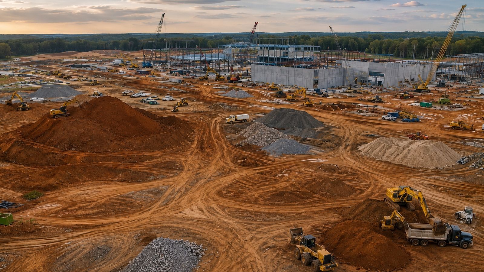Wide construction site with earthmovers, dirt piles, cranes, and a partially built structure in the distance.