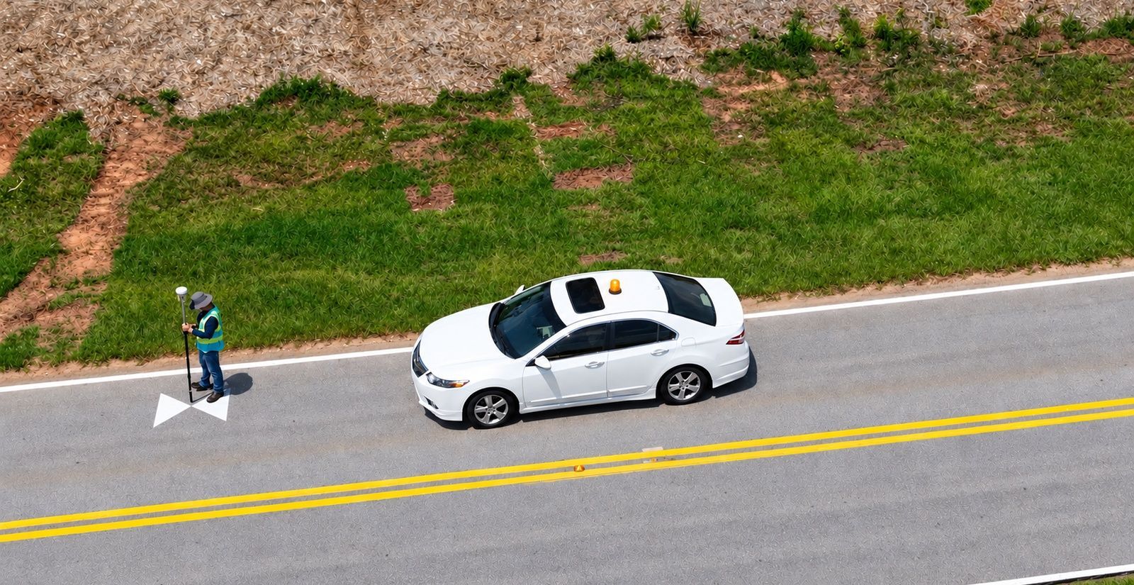 A white car parked on a road beside a person walking near the shoulder, with grass and dirt embankment nearby.
