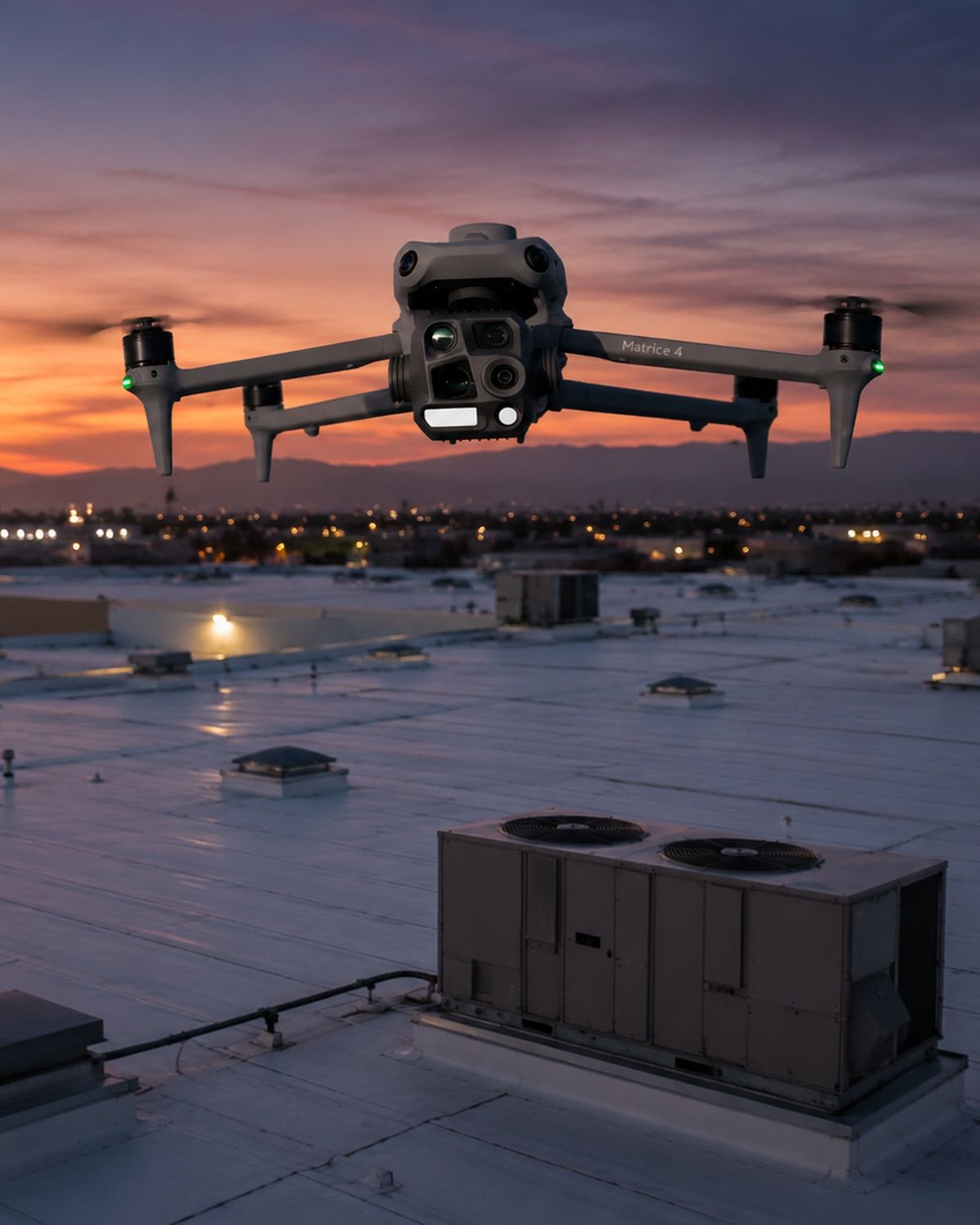 Drone hovering over a snowy rooftop at dusk, with city lights and a pink-blue sky in the background