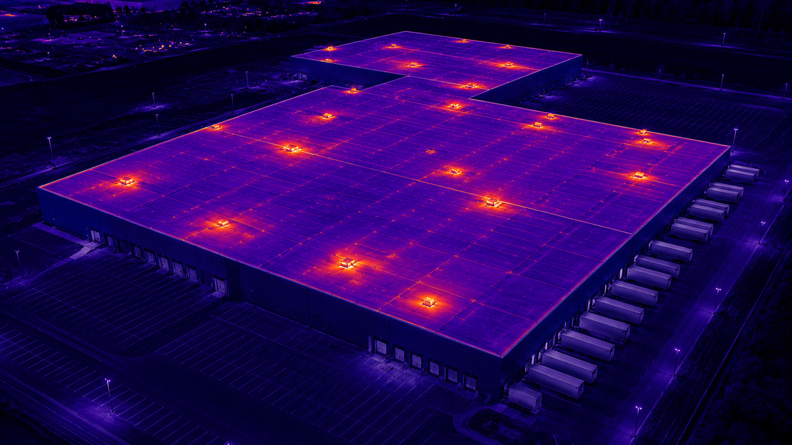 Glowing purple circuit board with bright orange hotspots on a dark tech surface