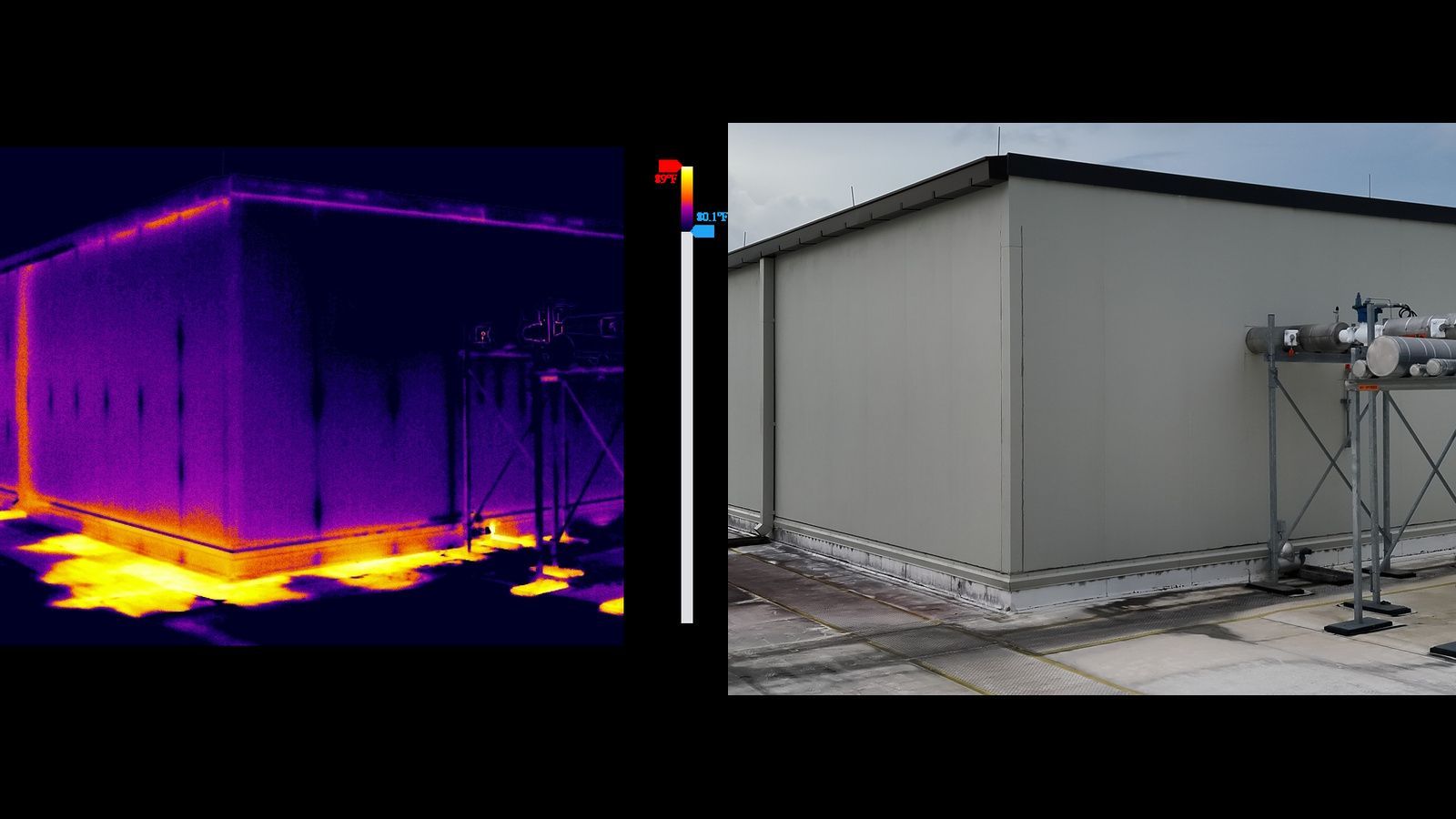 Side-by-side thermal and normal views of a gray industrial building with rooftop equipment.