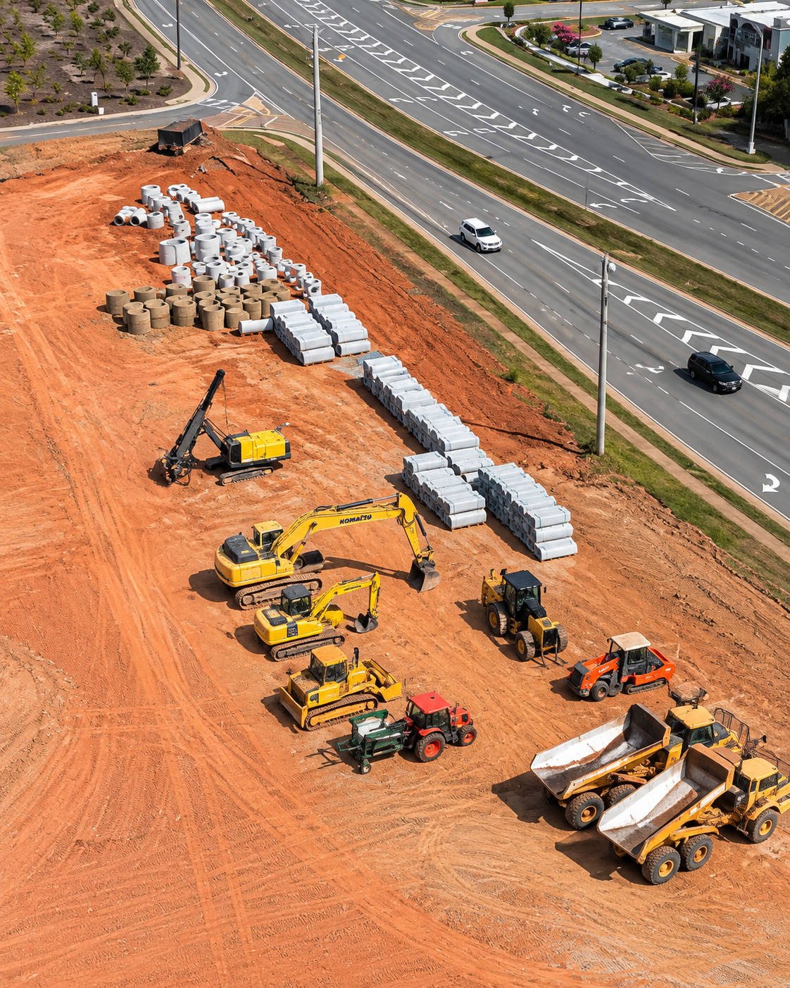 Aerial view of road construction site with heavy machinery, concrete pipes, and a highway beside it
