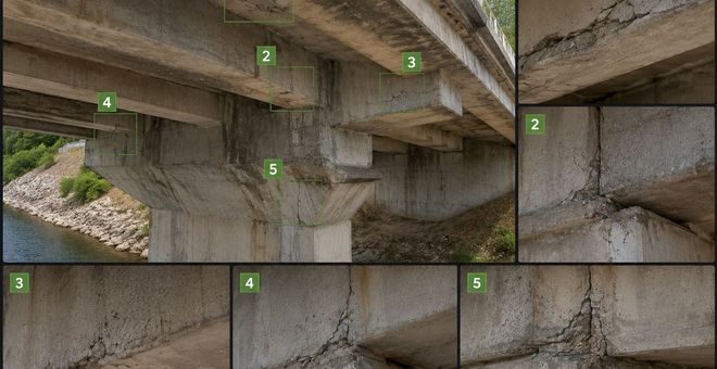 Concrete bridge underpass with numbered close-up views of cracks, stains, and structural surfaces
