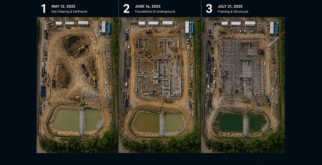 Three side-by-side aerial views of a construction site, showing stages from cleared land to framed buildings.