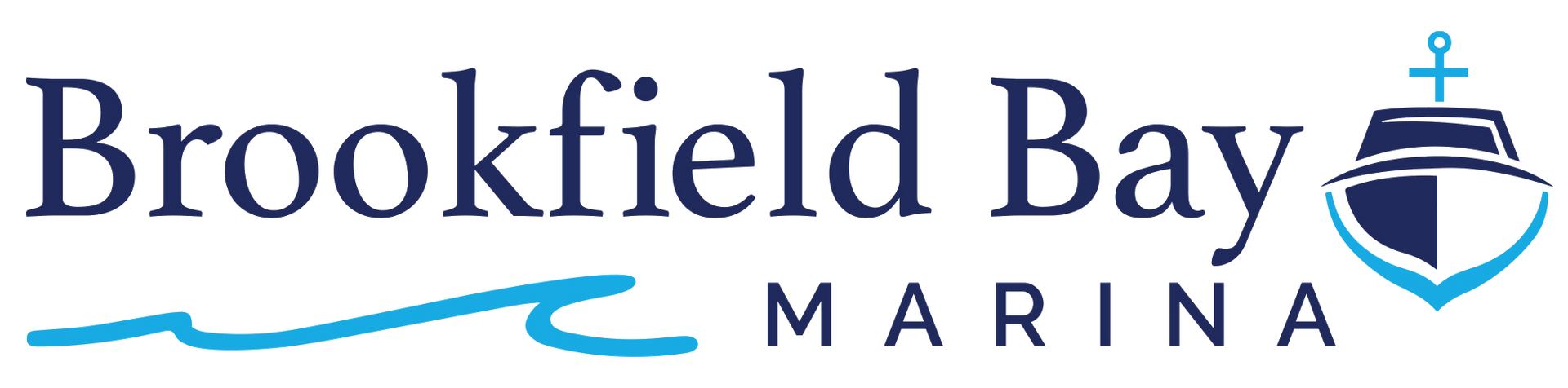 Brookfield Bay Marina logo with blue wave and boat icon on white background