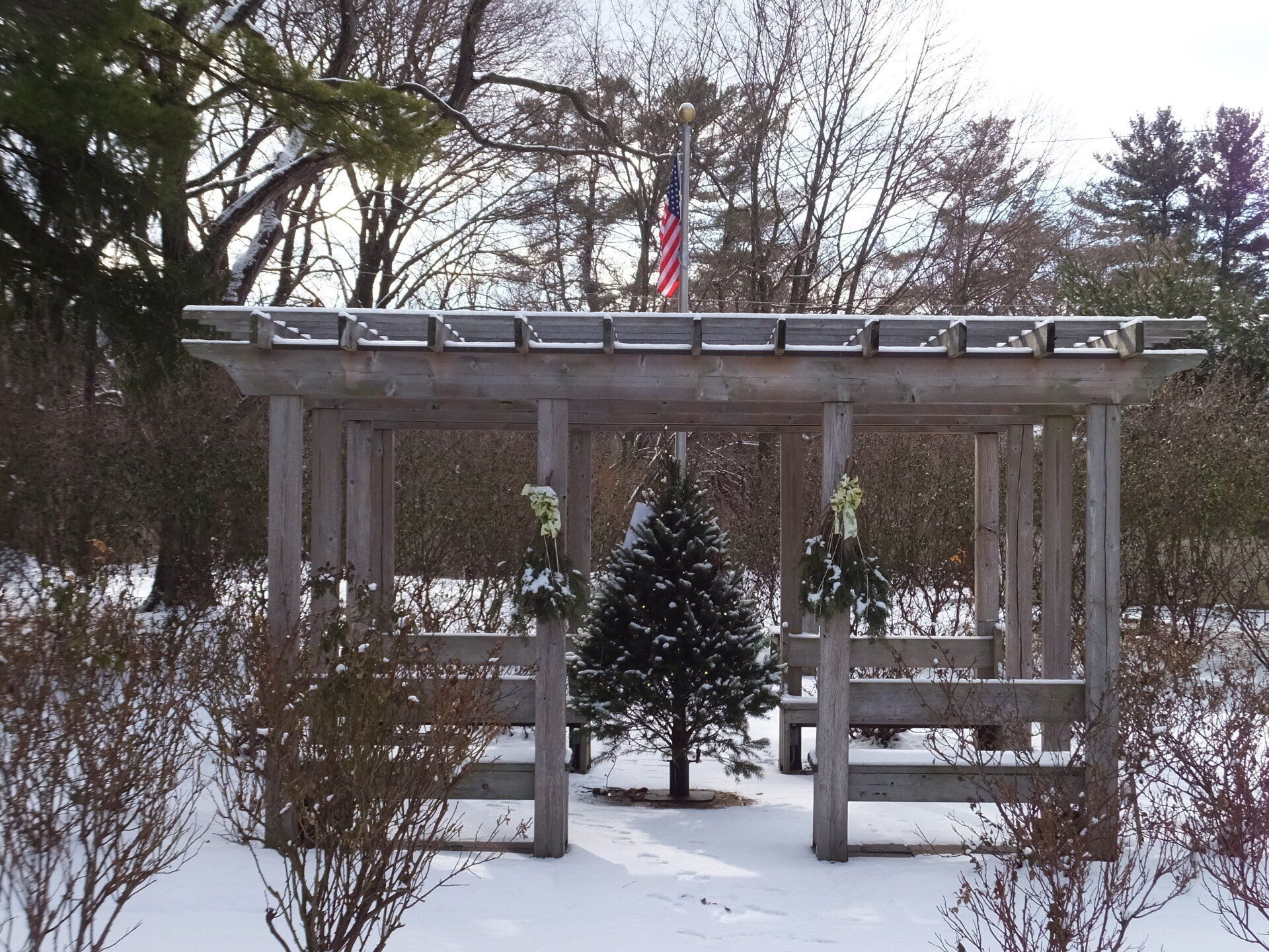 A small, decorated Christmas tree stands inside a wooden pergola outdoors during a light snowfall with a US flag behind.