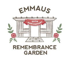 Logo for Emmaus Remembrance Garden 20th Anniversary, featuring a stylized trellis, red roses, and text on a white background.