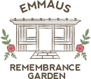 Logo for Emmaus Remembrance Garden featuring a wooden gazebo with flowers on both sides.