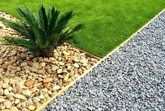 Landscaped garden with green lawn, a small palm in pebbles, and a gravel path border