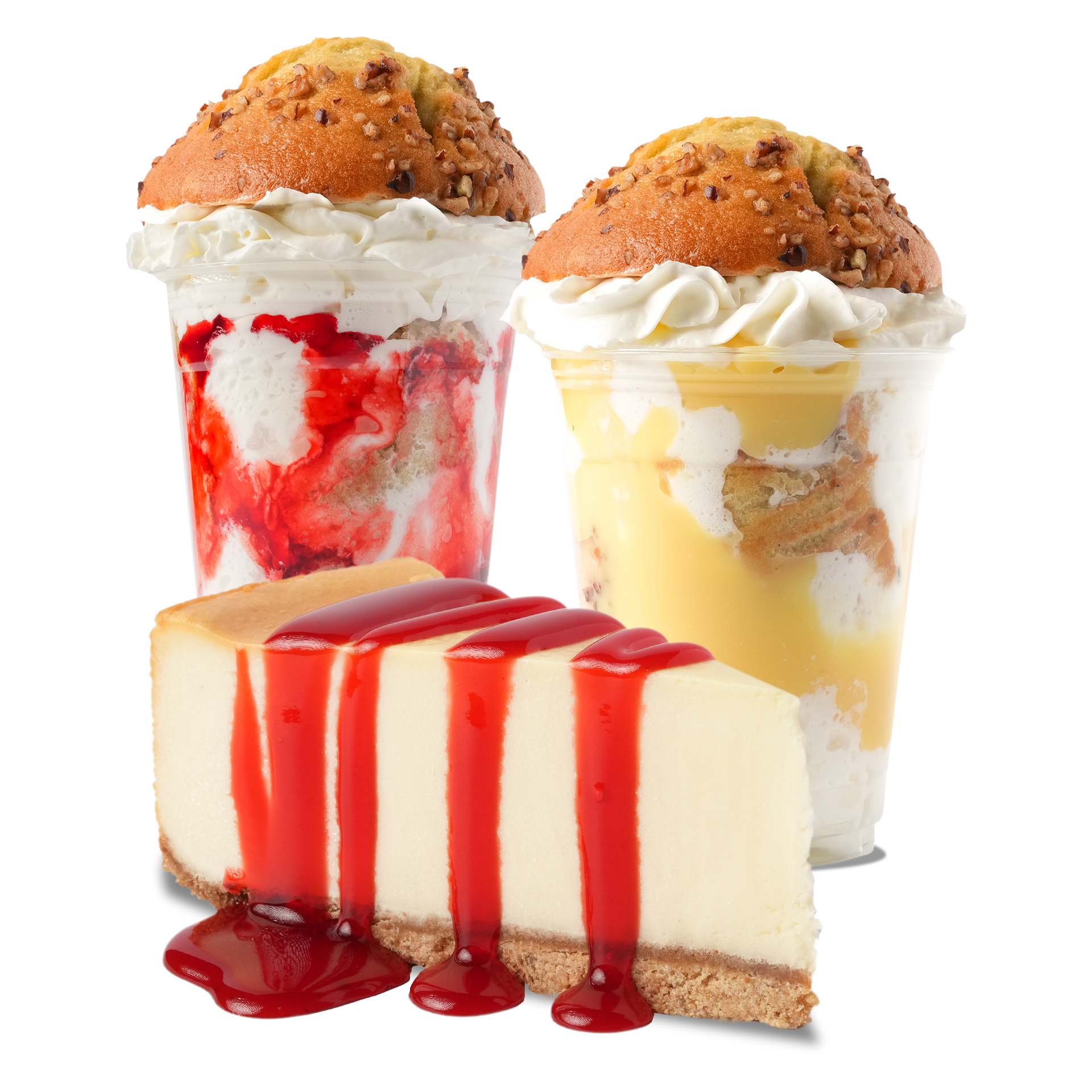 Assorted desserts: two topped parfaits and a slice of cheesecake with red sauce drizzles