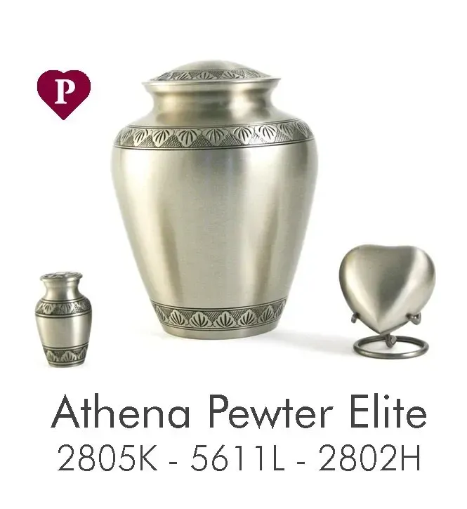An athena pewter elite urn with a smaller urn and a heart shaped urn