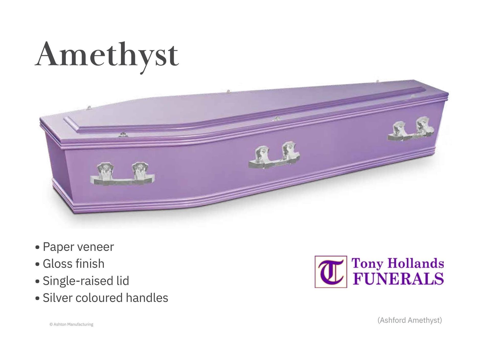 A picture of a unique purple coffin, with silver handles and a single raised lid.