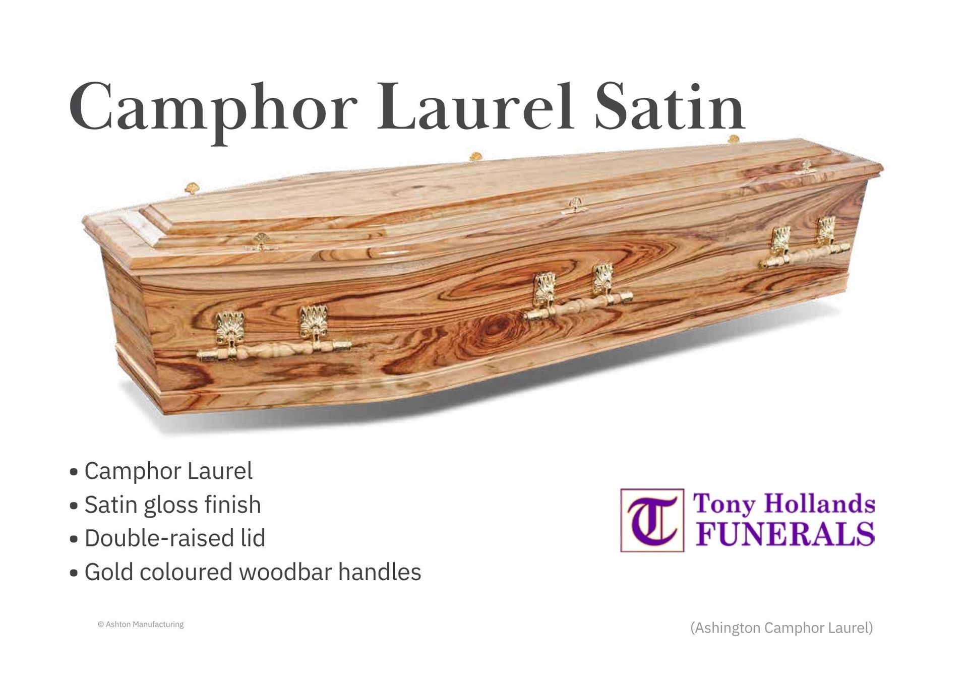 A picture of a completely wooden coffin, camphor laurel wood, drop bar handles.