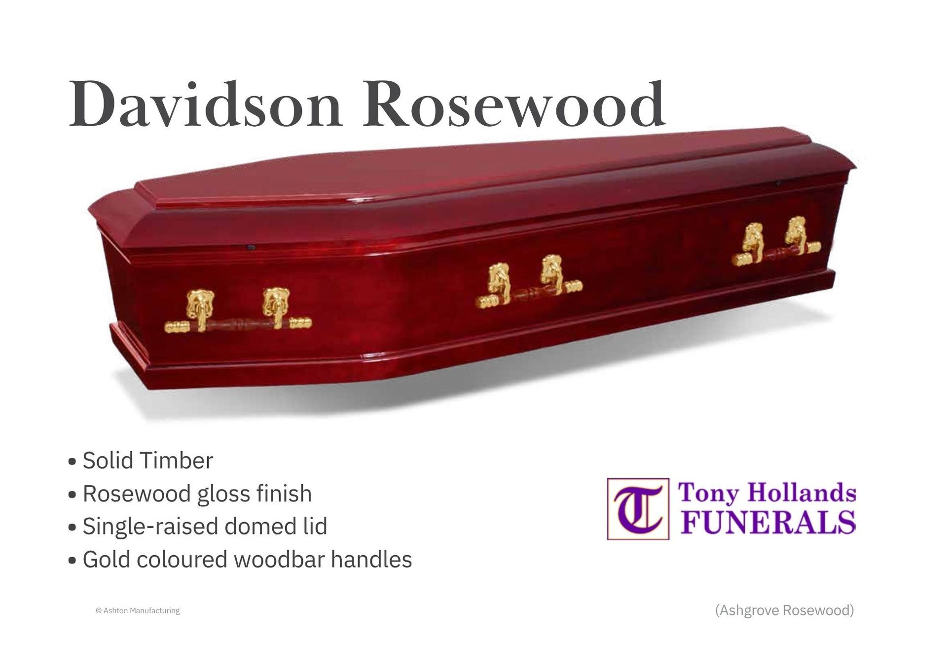 A Solid wooden coffin, with a rosewood colour and golden handles