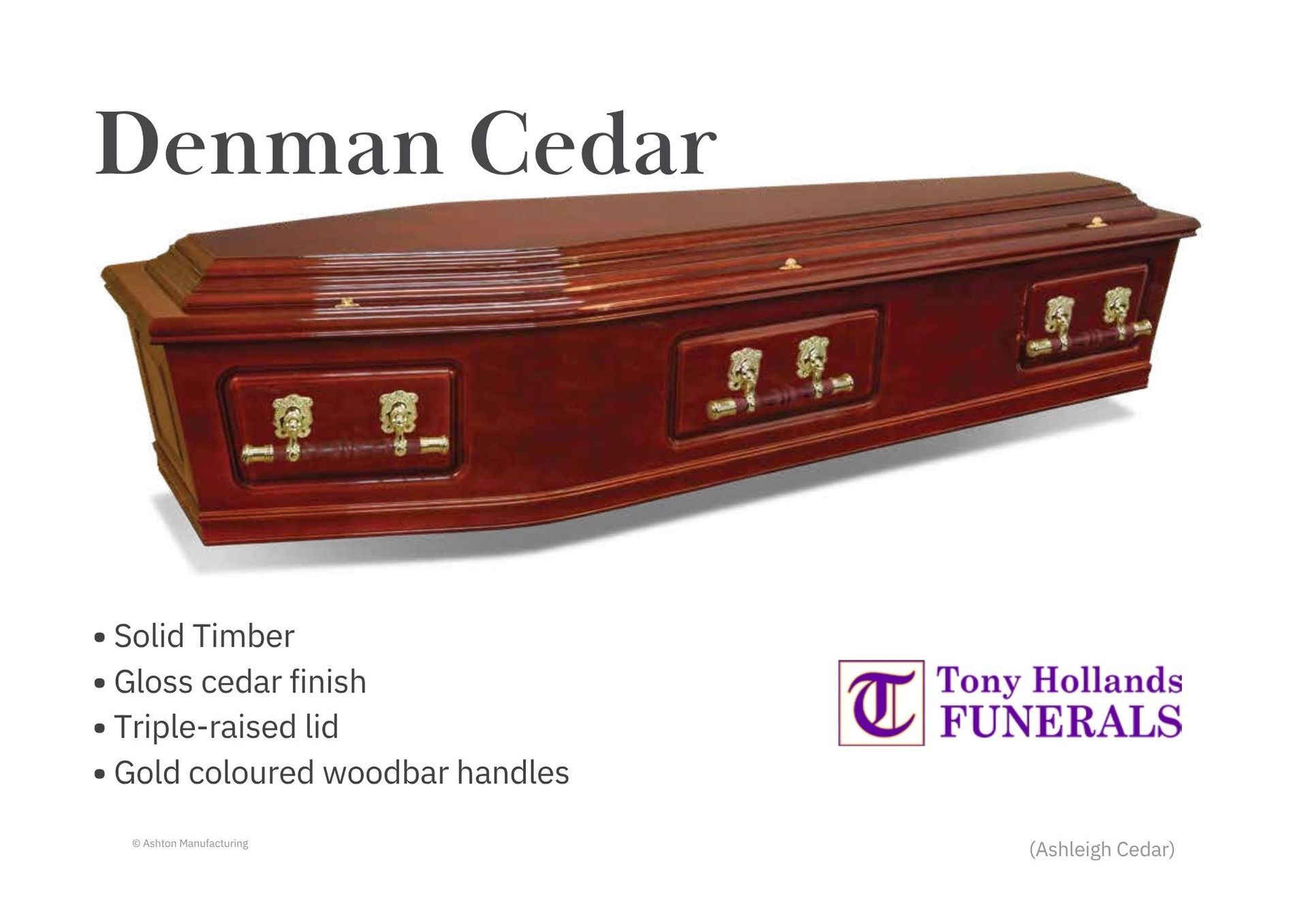 A picture of a solid wooden cedar coffin, with a dome lid and gold drop bar handles