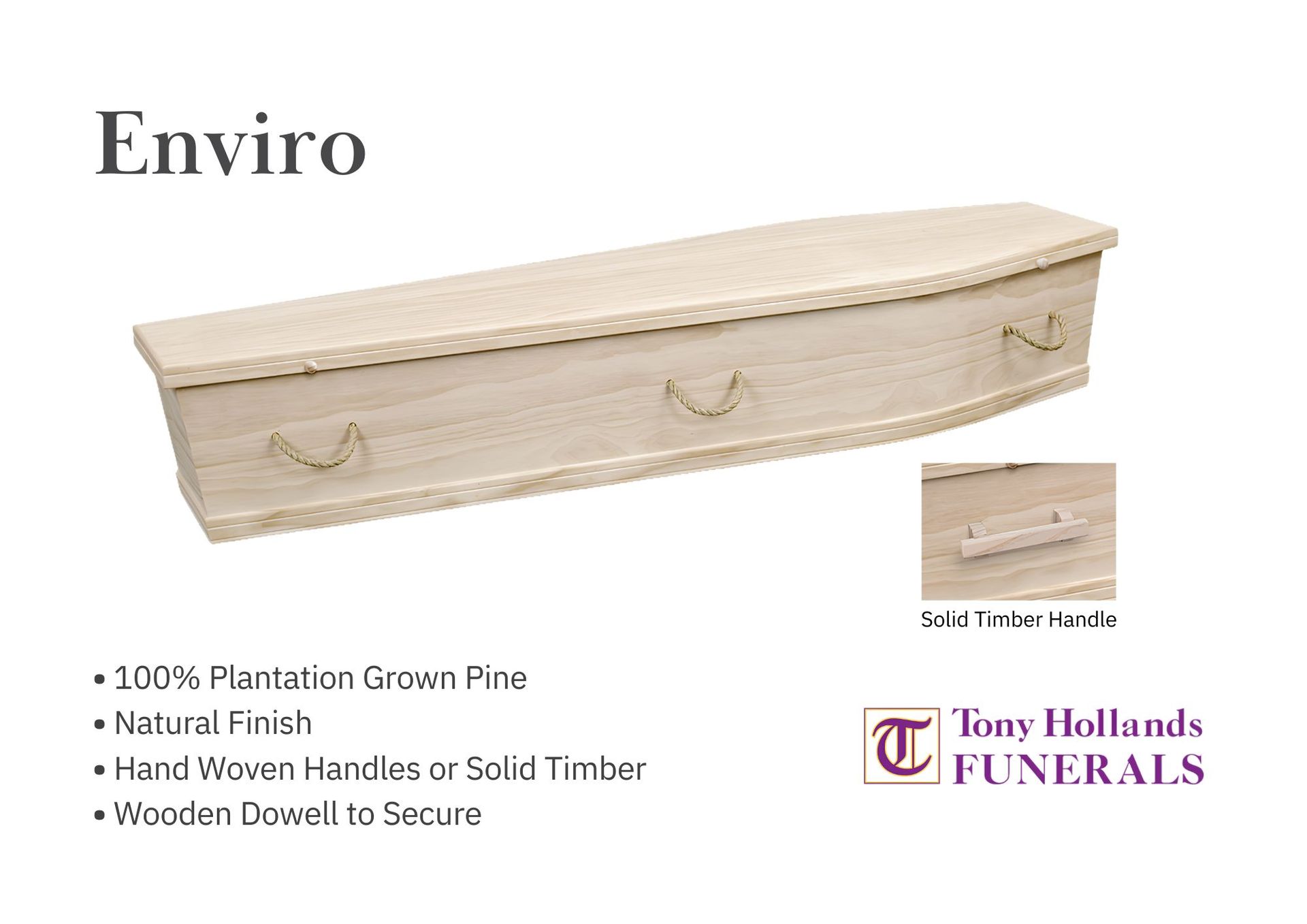 A picture of a solid timber coffin with rope handles, environmentally friendly.