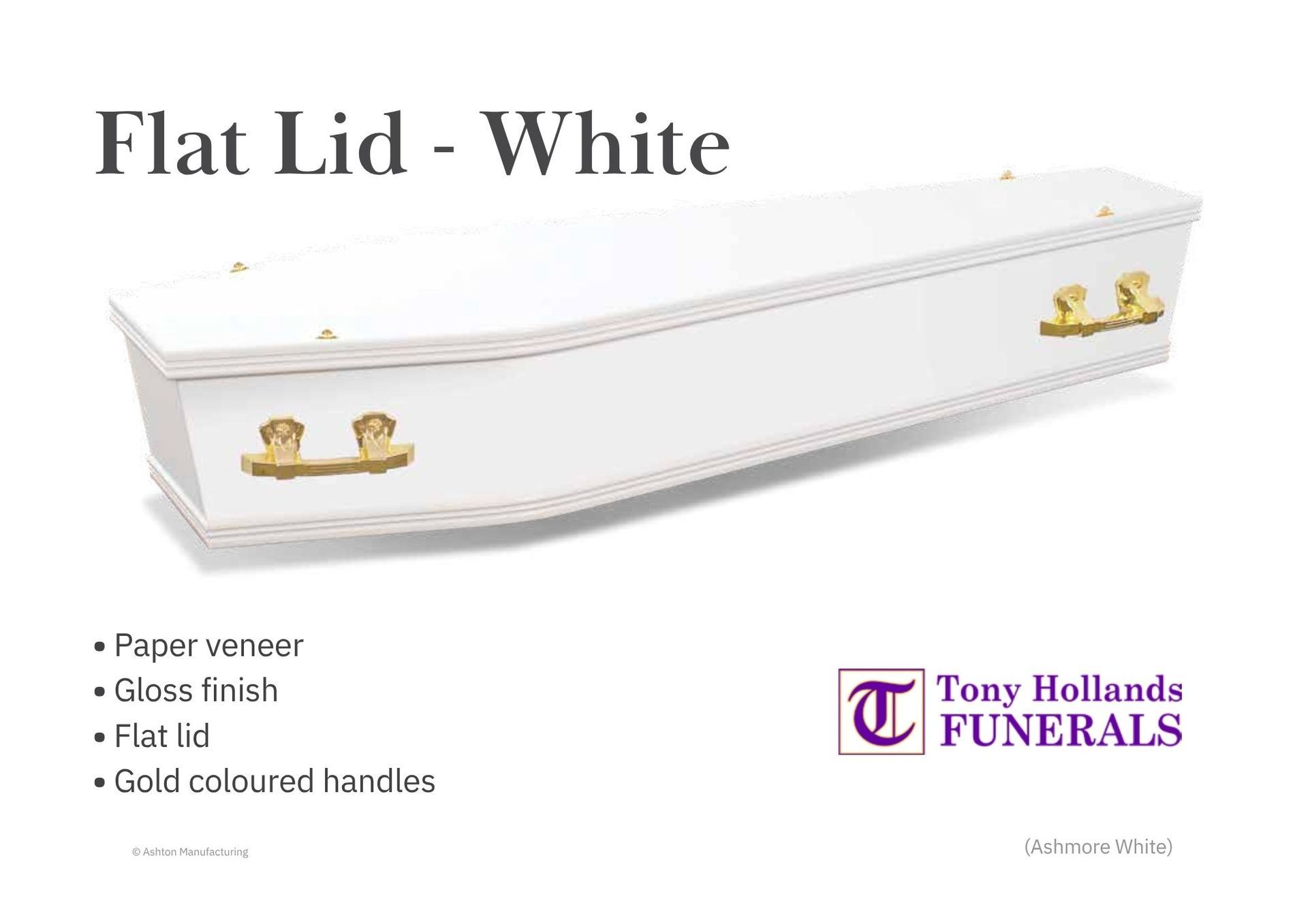 A picture of a MDF Coffin, Cost Effective, White Coffin with Gold Handles