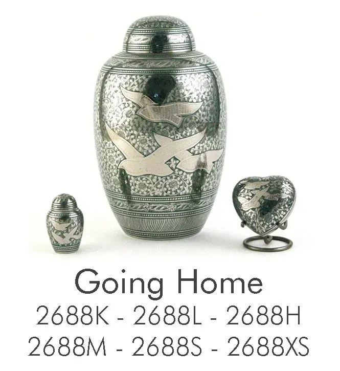A picture of a urn with the words going home written on it