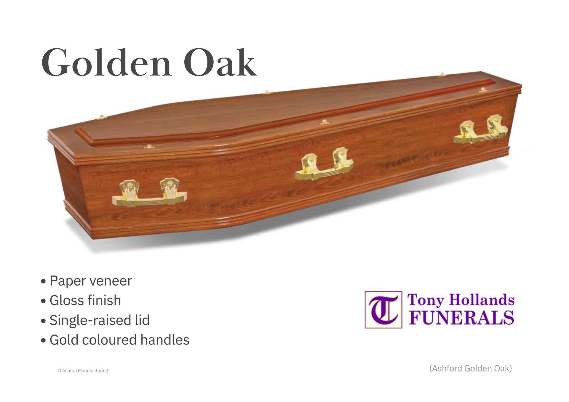 A picture of a Golden Oak Coffin, with Gold handles.