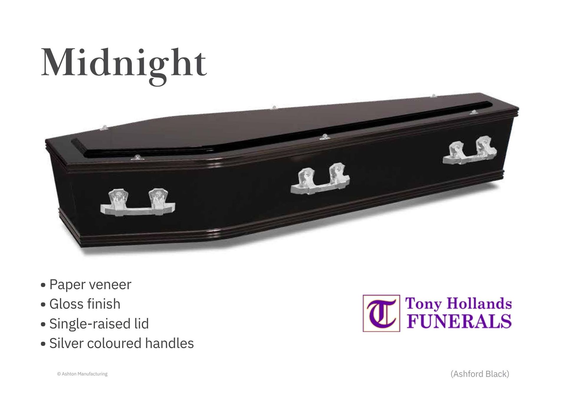 A picture of a black coffin, with a single raised lid and silver handles.