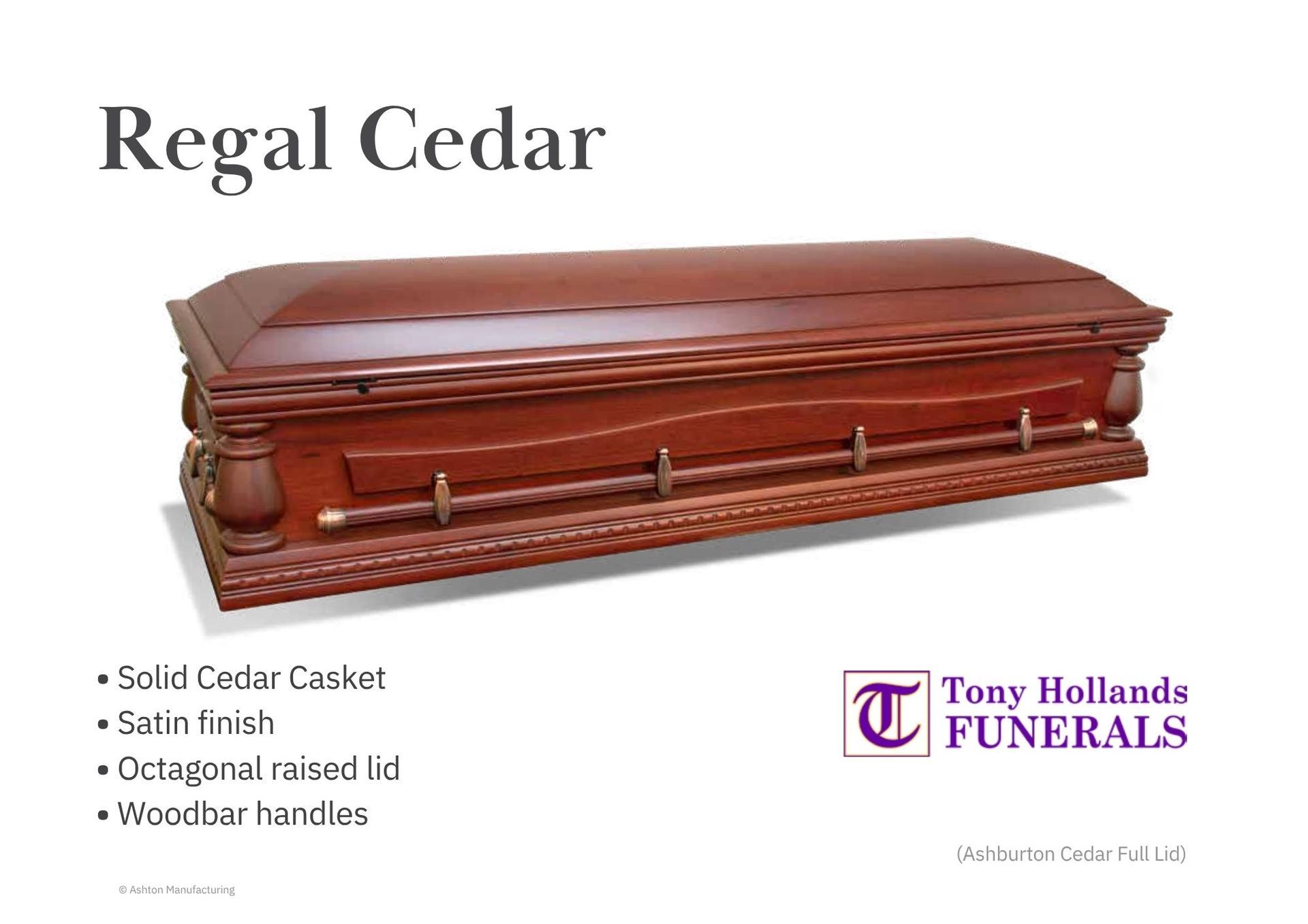 A picture of a solid wood Cedar casket, luxury casket. With s single Cedar wood bar handle and bronze trimming.