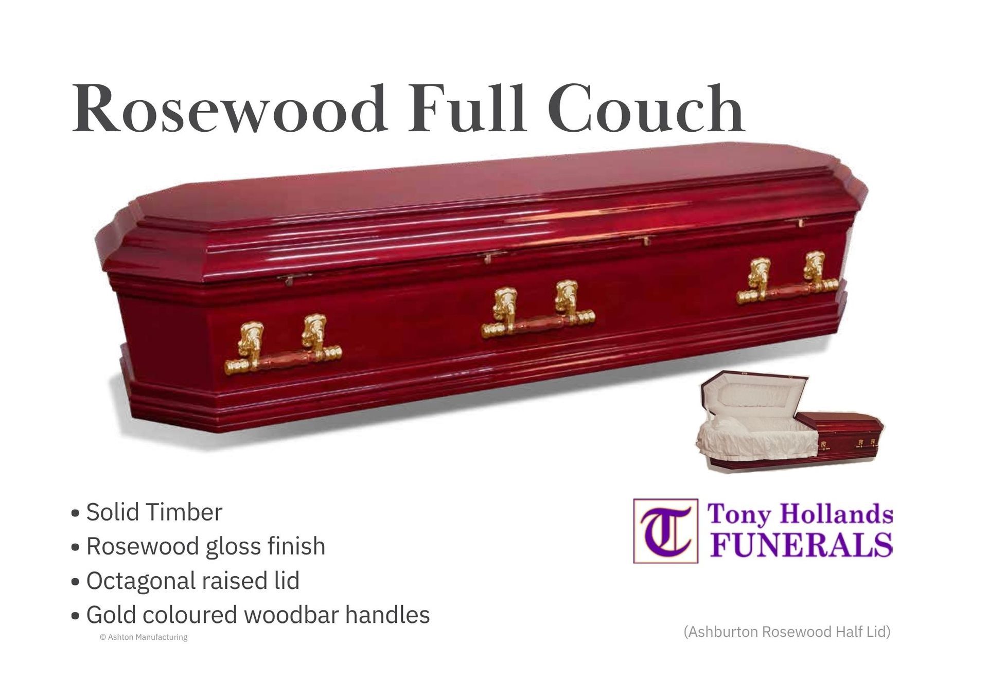 A picture of a Solid wood rosewood casket with a full lid and golden matching handles.