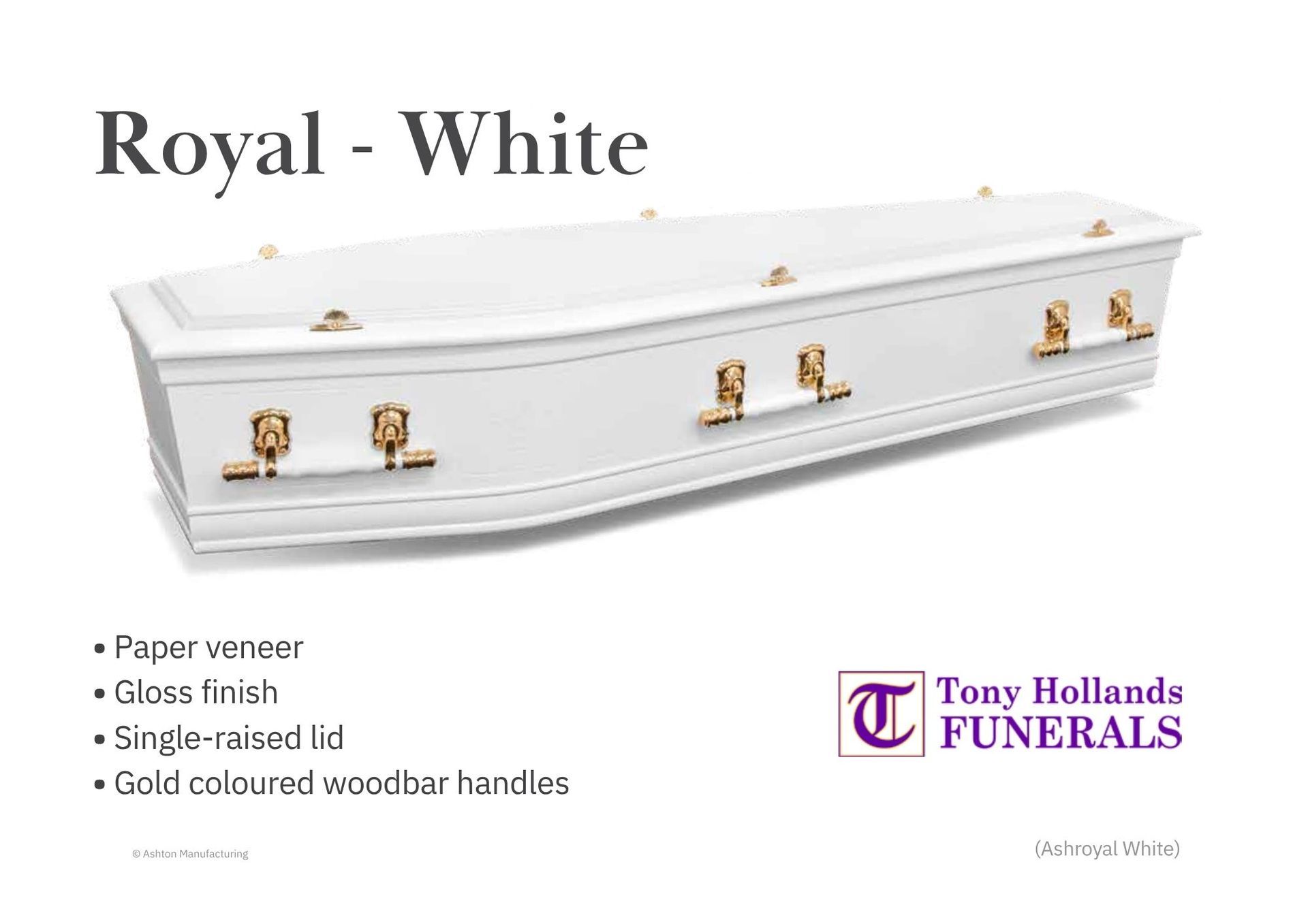 A picture of a White coffin with gold hardware and a raised lid.