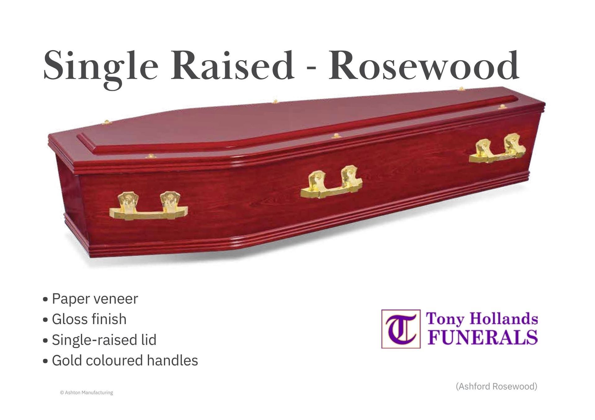 A picture of a Rosewood coloured coffin, with Gold Handles and a single raised lid