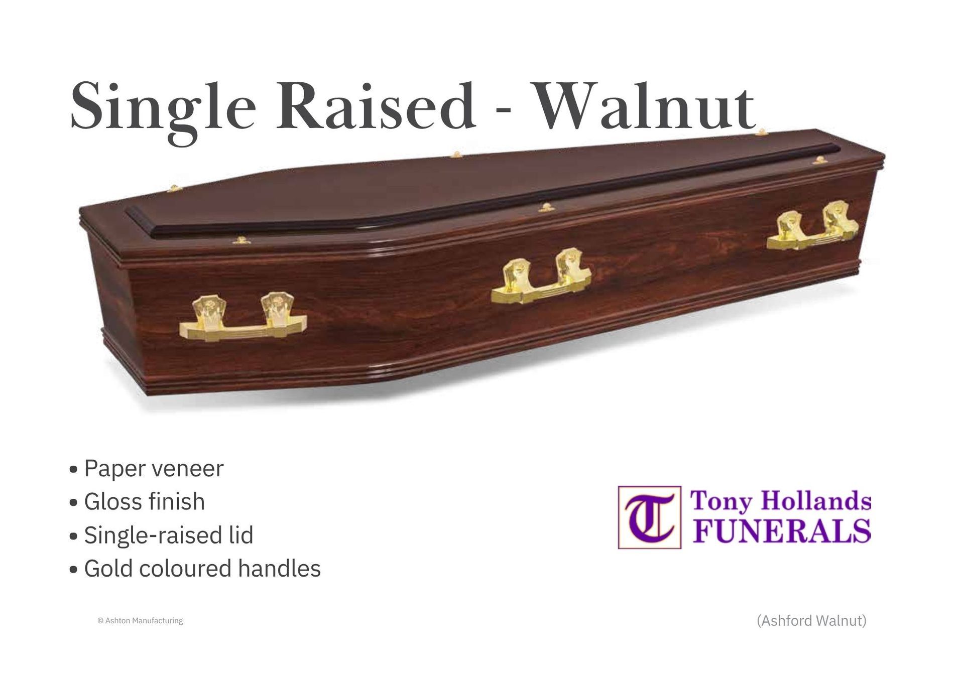 A picture of a Walnut coloured Coffin with Gold Handles and a single raised lid.