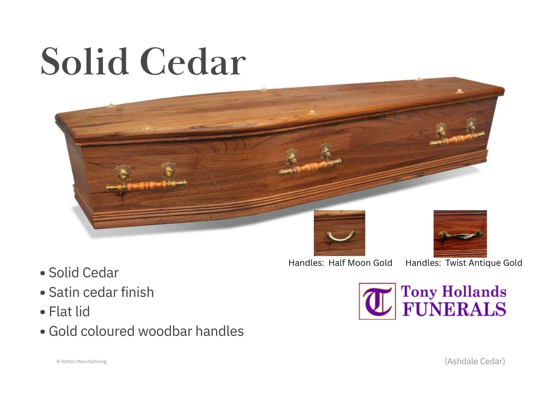 A picture of a Solid wooden Cedar coffin, with bronze handles, high-quality coffin