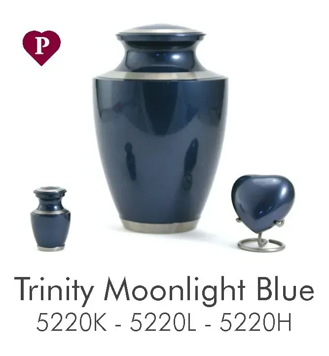 A blue urn with the words trinity moonlight blue on it